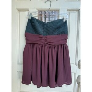 Maeve Anthropologie Strapless Top‎ Navy Blue Burgundy Corduroy Chiffon Size 14